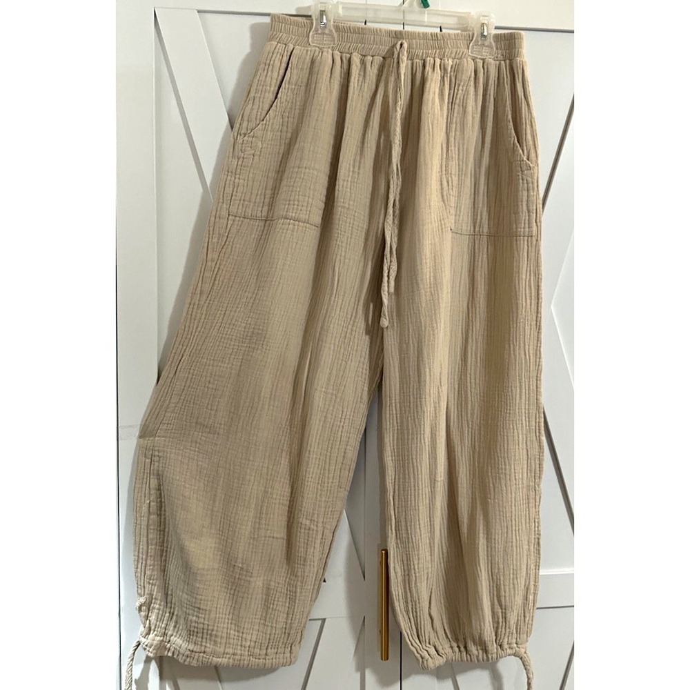 Women's Beige Pants Size L Regular Elastic Waist Drawstring Pockets Pre-Owned